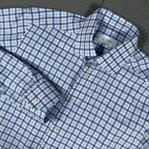 Eton Shirt Men 39 Sz Med Contemporary Blue Gingham Cotton Button Up Long Sleeve